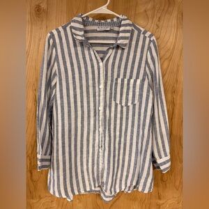 Habitat Sz Medium 100% LINEN Blue White Beach Wearable Art to Wear Shirt Top